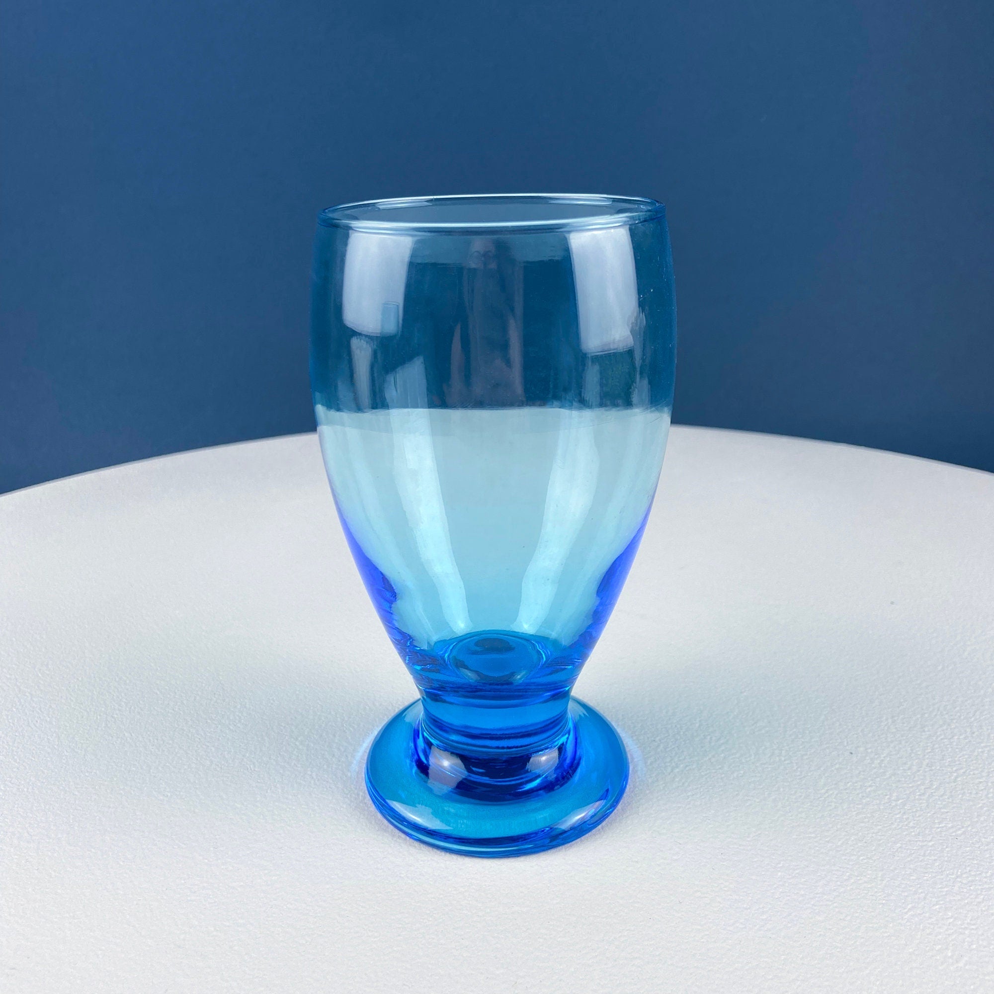 Topaz Stemmed Tumblers. Set of Six Footed Juice Glasses. Blue Kitchen Decor. Dining Room Decor. Collectible Glasses. Wedding Gift.