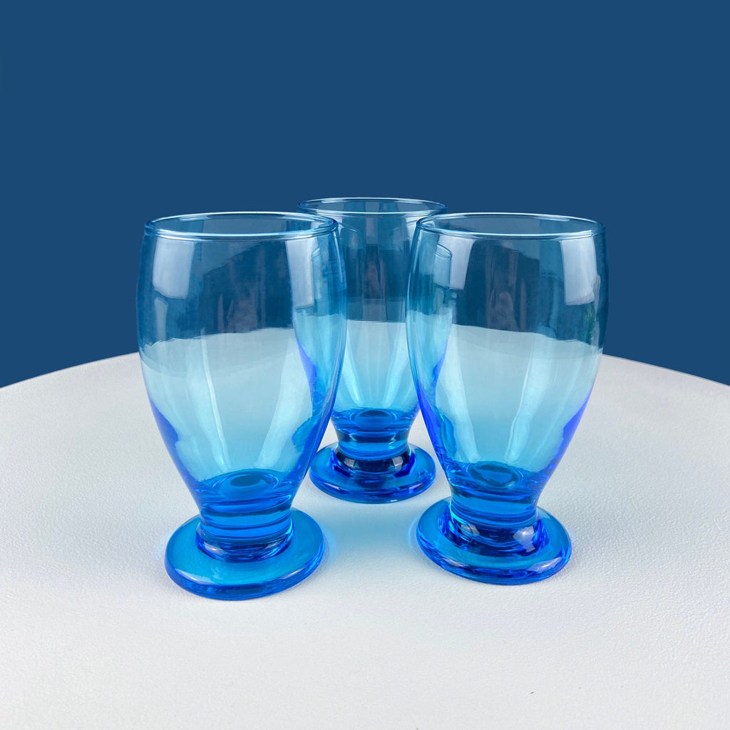 Topaz Stemmed Tumblers. Set of Six Footed Juice Glasses. Blue Kitchen Decor. Dining Room Decor. Collectible Glasses. Wedding Gift.