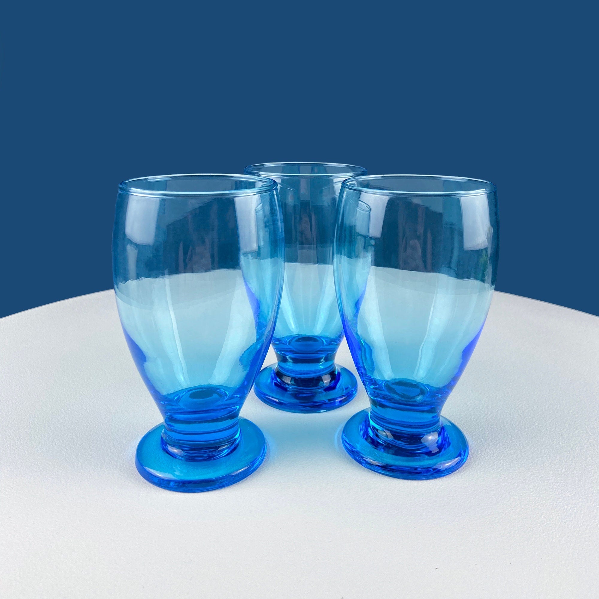 Topaz Stemmed Tumblers. Set of Six Footed Juice Glasses. Blue Kitchen Decor. Dining Room Decor. Collectible Glasses. Wedding Gift.