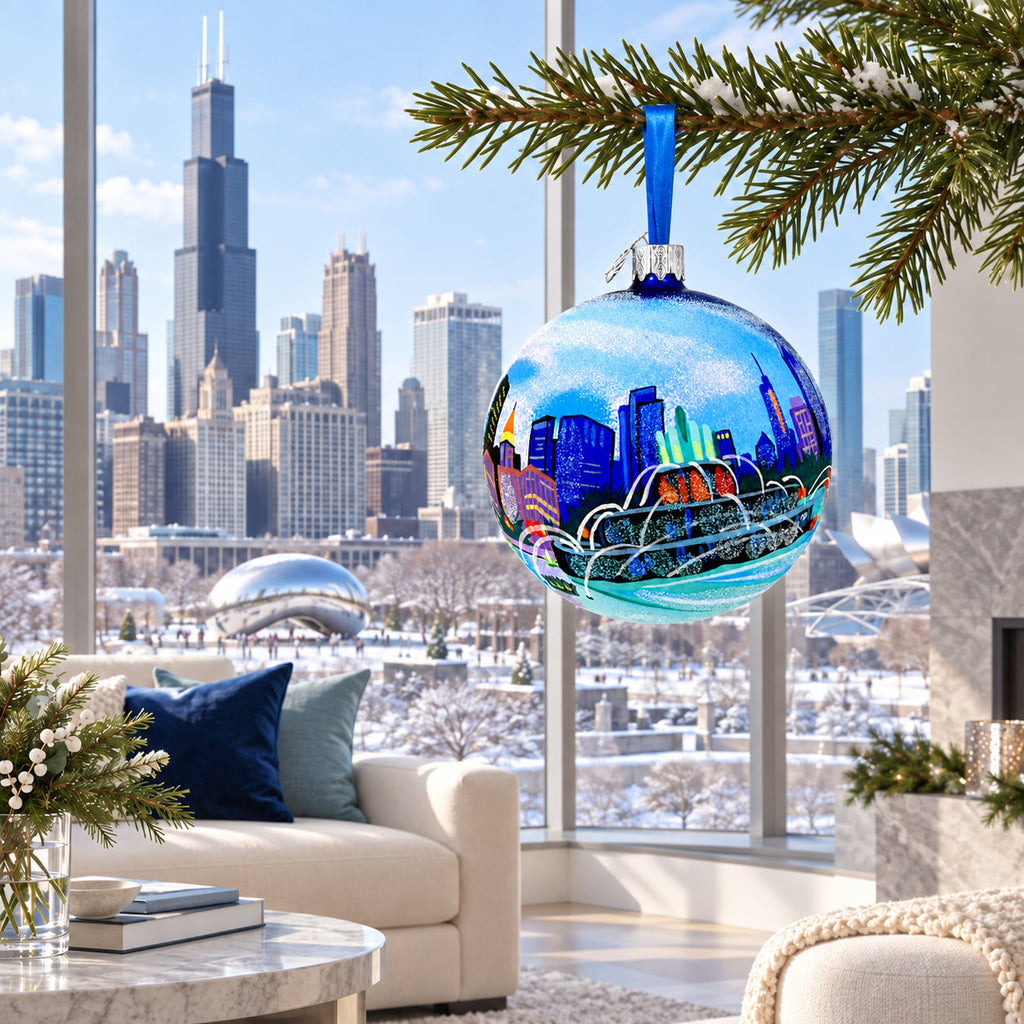 Buckingham Fountain, Chicago, Illinois Glass Ball Christmas Ornament 4 Inches