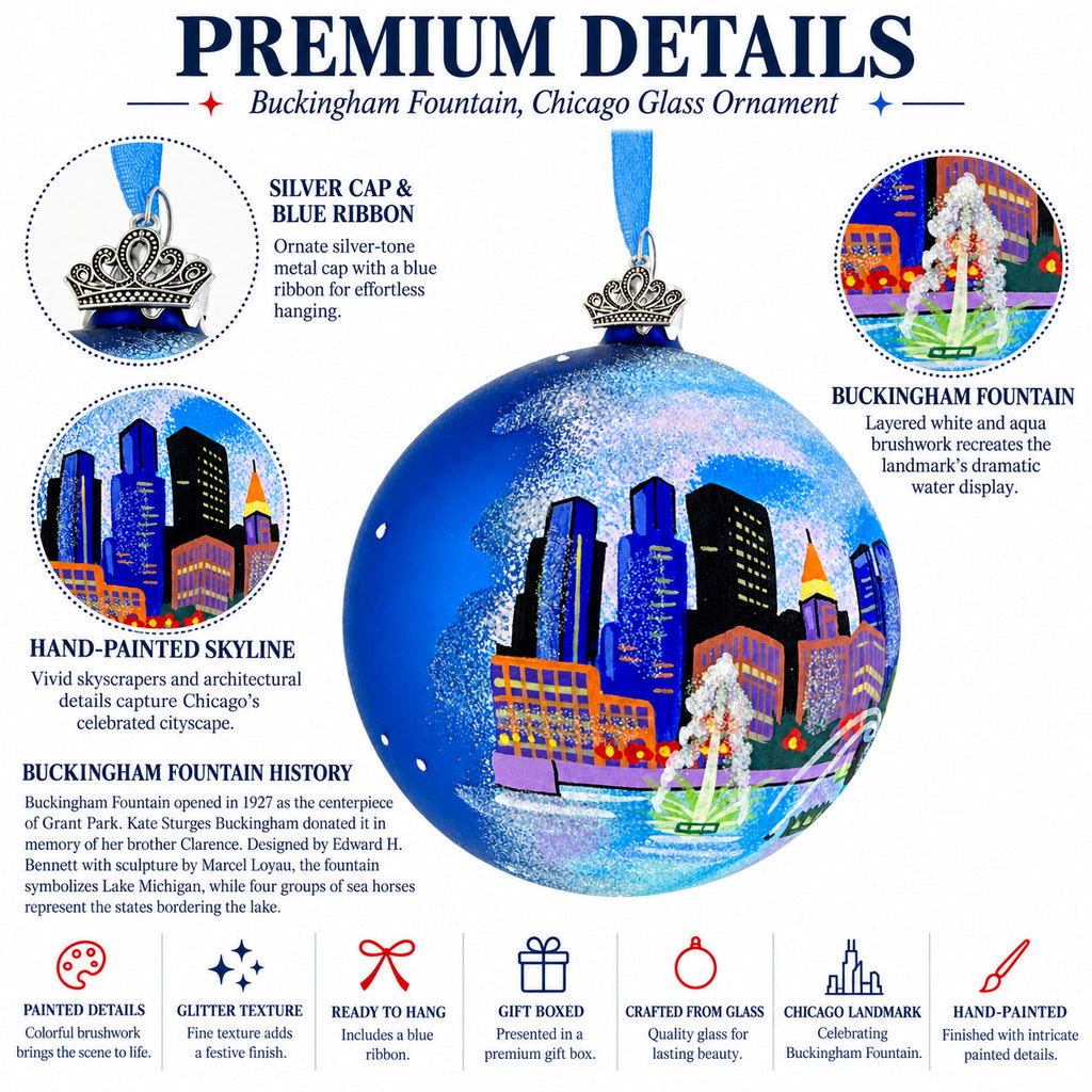Buckingham Fountain, Chicago, Illinois Glass Ball Christmas Ornament 4 Inches