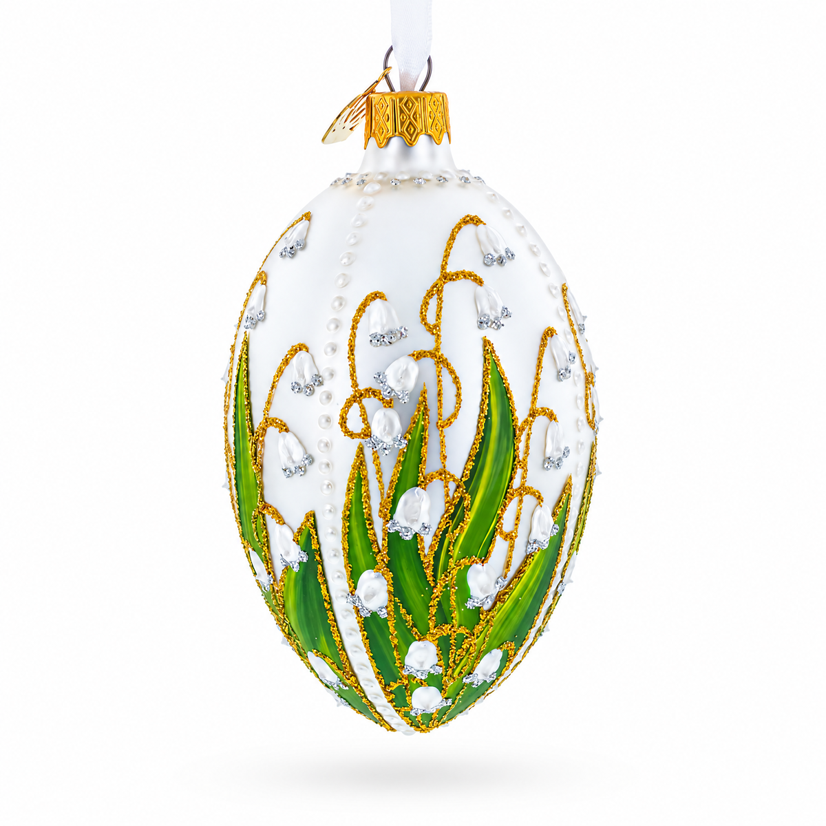 Lily of the Valley on Silver Egg Glass Ornament 4 Inches