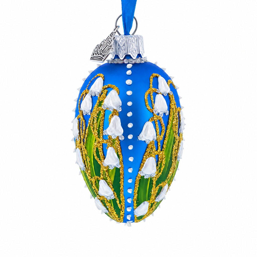 Lilies of the Valley on Blue Royal Mini Red Glass Egg Ornament