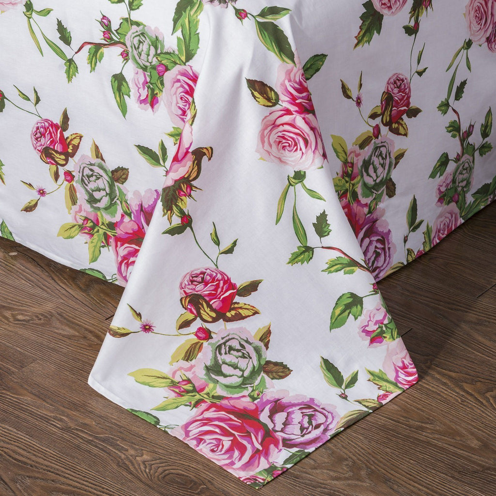 Bedding Romantic Roses Lovely Spring Pink Floral Garden Fitted & Flat Bed Sheet Set w/ Pillow Cases (JHW879)