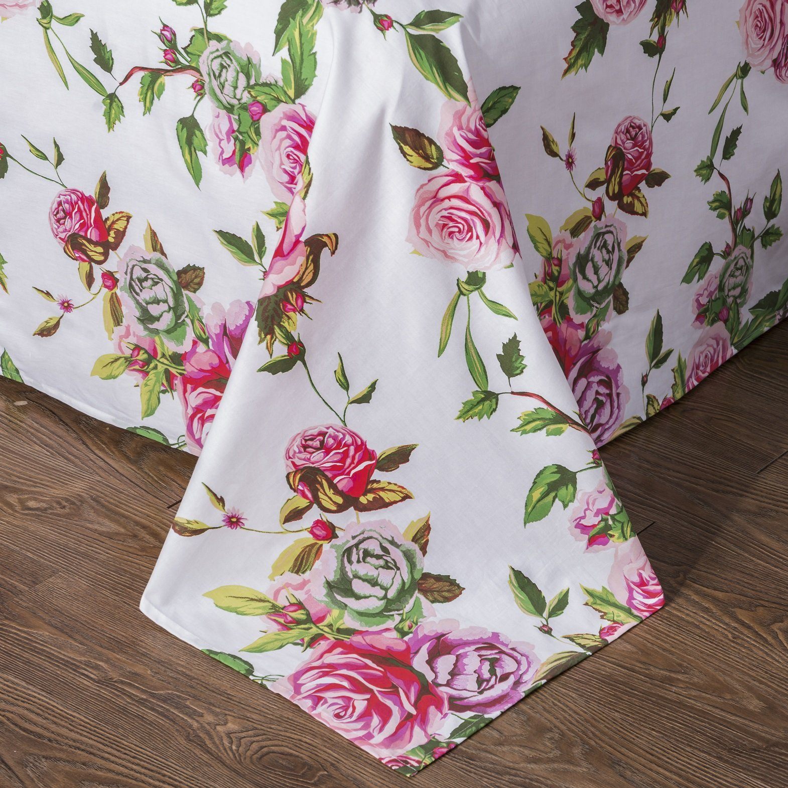 Bedding Romantic Roses Lovely Spring Pink Floral Garden Fitted & Flat Bed Sheet Set w/ Pillow Cases (JHW879)