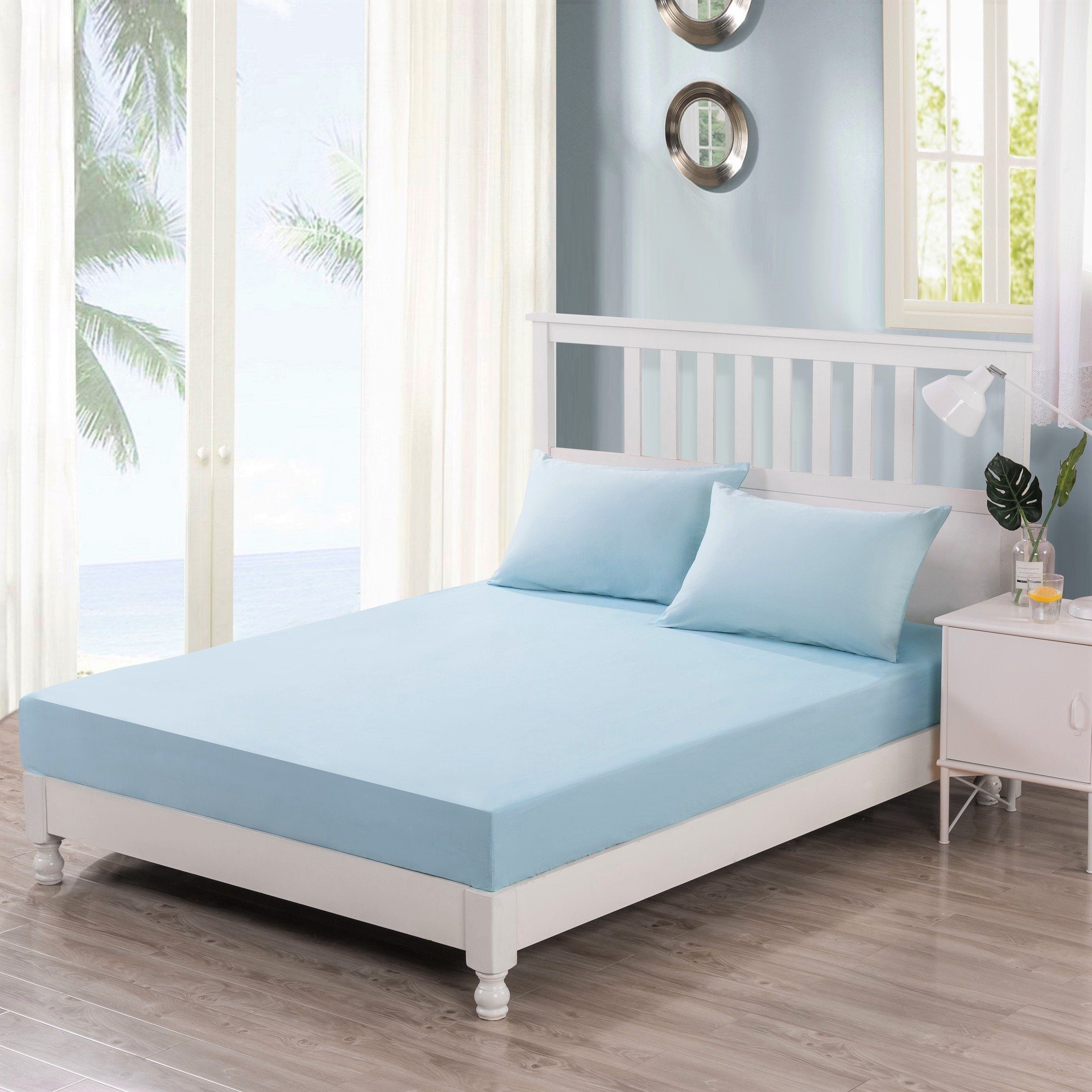 Soothing SeaFoam Sky Blue Cotton Fitted Bed Sheet w/Pillow Cases (JHW604)