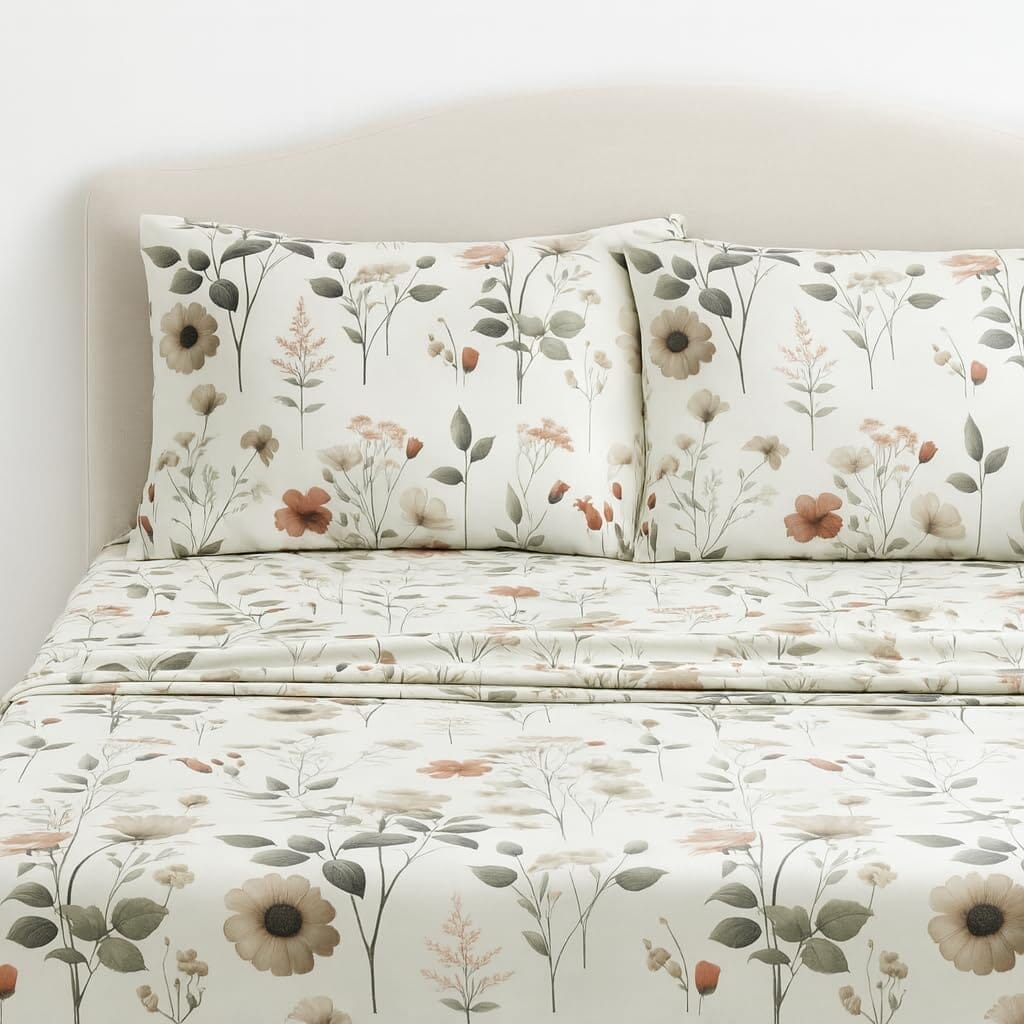 Enchanted Meadow Bed Sheet Set - Floral Harmony in Beige, Rose, and Soft Green,  Machine Washable, Deep Pocket 14 - 15 Inches + Flat Sheet