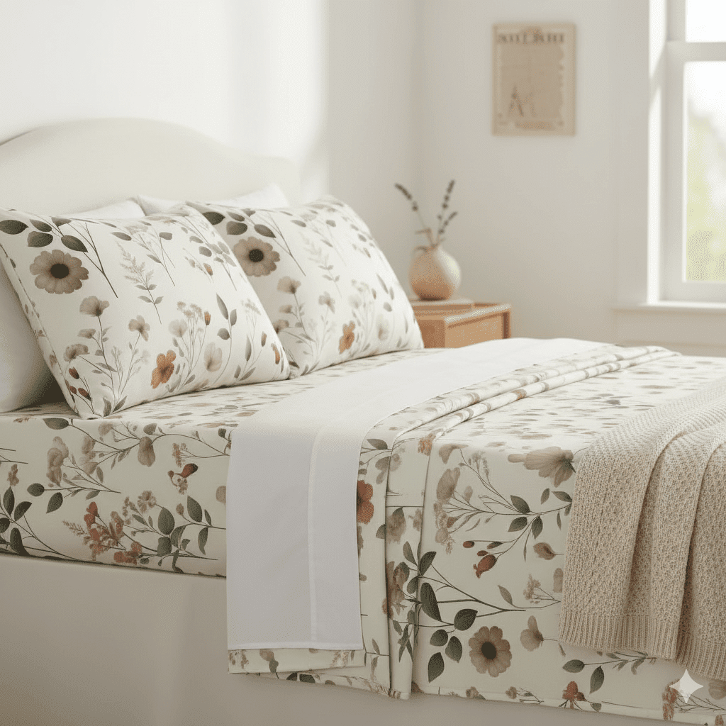 Enchanted Meadow Bed Sheet Set - Floral Harmony in Beige, Rose, and Soft Green,  Machine Washable, Deep Pocket 14 - 15 Inches + Flat Sheet