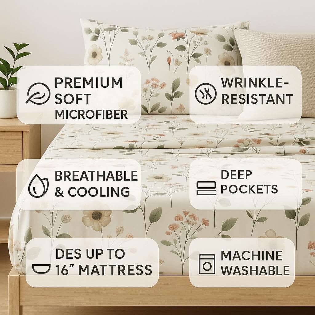 Enchanted Meadow Bed Sheet Set - Floral Harmony in Beige, Rose, and Soft Green,  Machine Washable, Deep Pocket 14 - 15 Inches + Flat Sheet