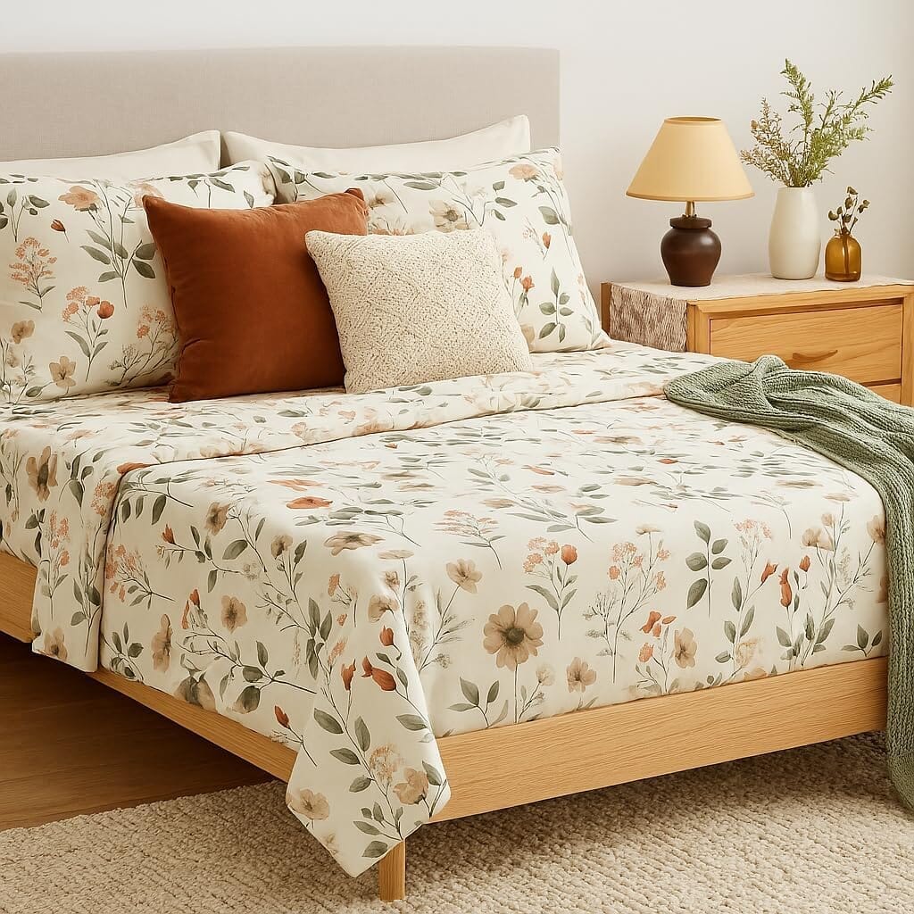 Enchanted Meadow Bed Sheet Set - Floral Harmony in Beige, Rose, and Soft Green,  Machine Washable, Deep Pocket 14 - 15 Inches + Flat Sheet